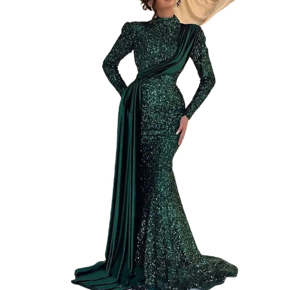 Women's 1920s Beaded Sequin Mermaid Evening Gown - Long Sleeve Prom Dress (Green Gold) - View #10
