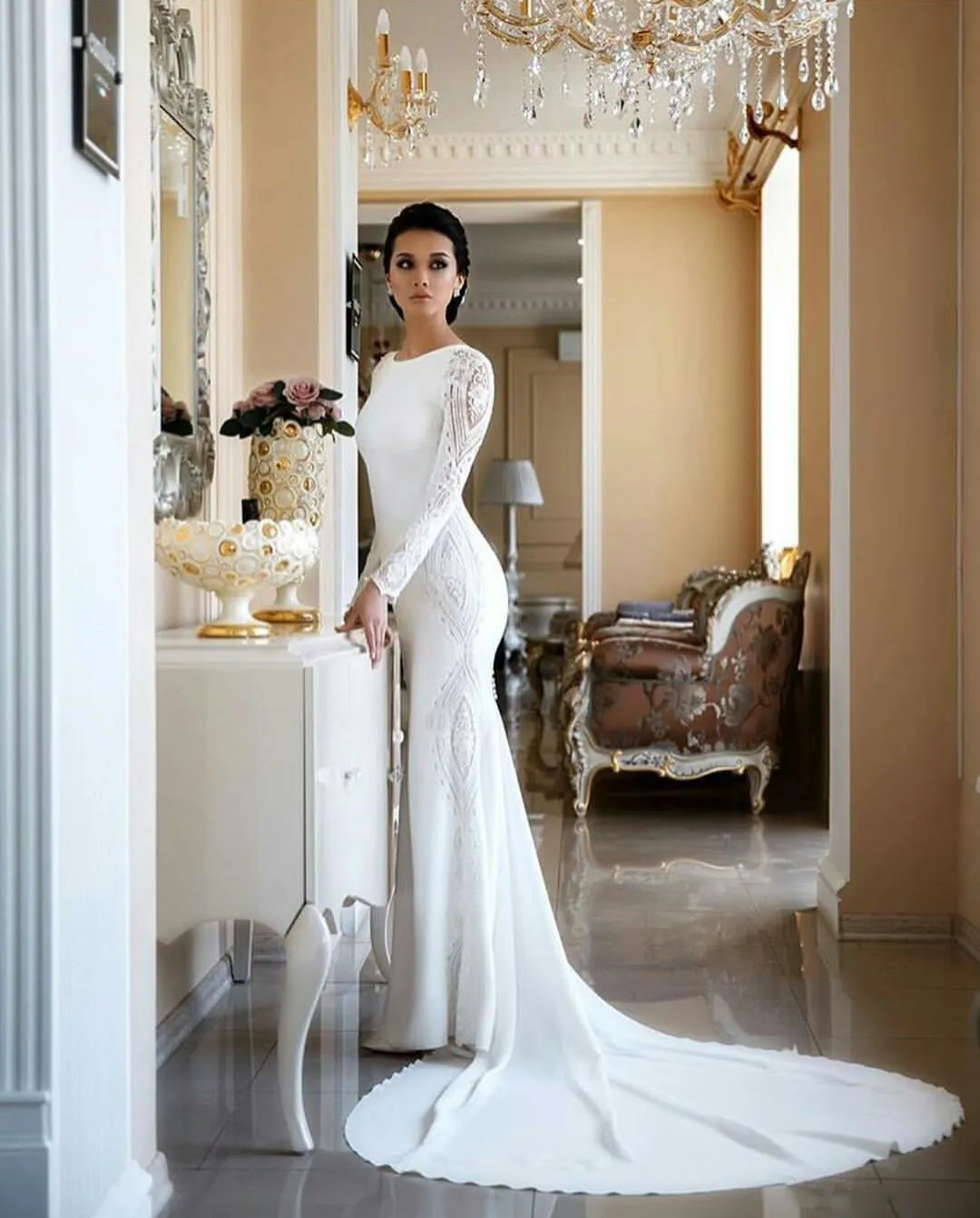 knee length dresses for ladies Mermaid V-Neck Off-The-Shoulder Long Train Organza Paillette Applique Wedding Dress