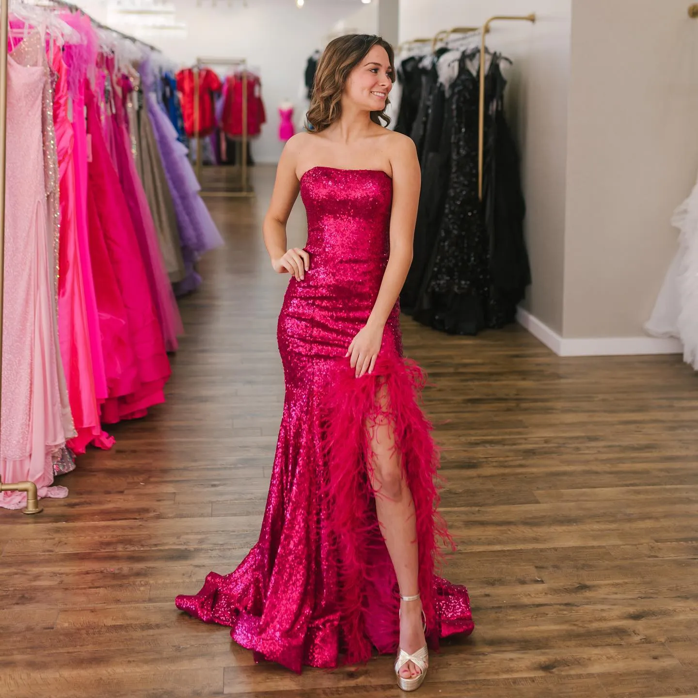 Sheath Column Sequin Wine Red Strapless Prom Dress With Slit Sheath Column Sequin Wine Red Strapless Prom Dress With Slit