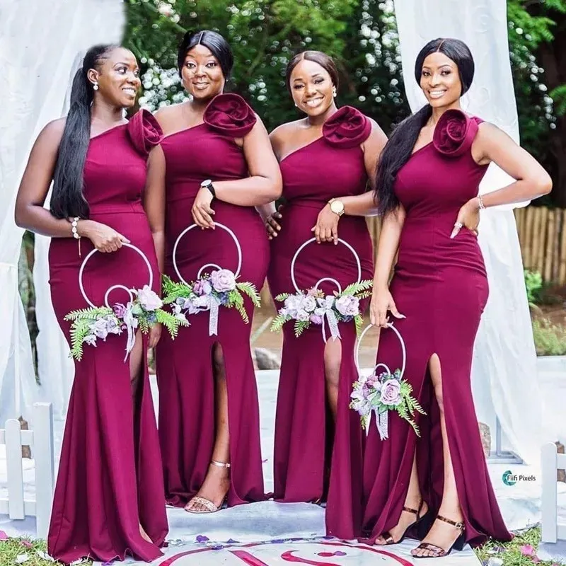 Handmade One Shoulder Dark Mauve Bridesmaid Dresses With Flower Detailing Floor Length Side Slit And Sweep Train In Silk Satin For Wedding Party And Bridemaid Occasions From Meetyy 44.28 DHgate.Com