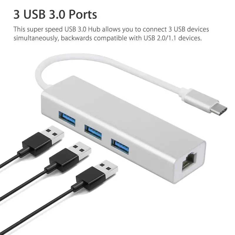 Adaptateur USB Type-C vers Ethernet LAN RJ45 1000Mbps Carte Réseau Filaire  3 Ports USB3.0