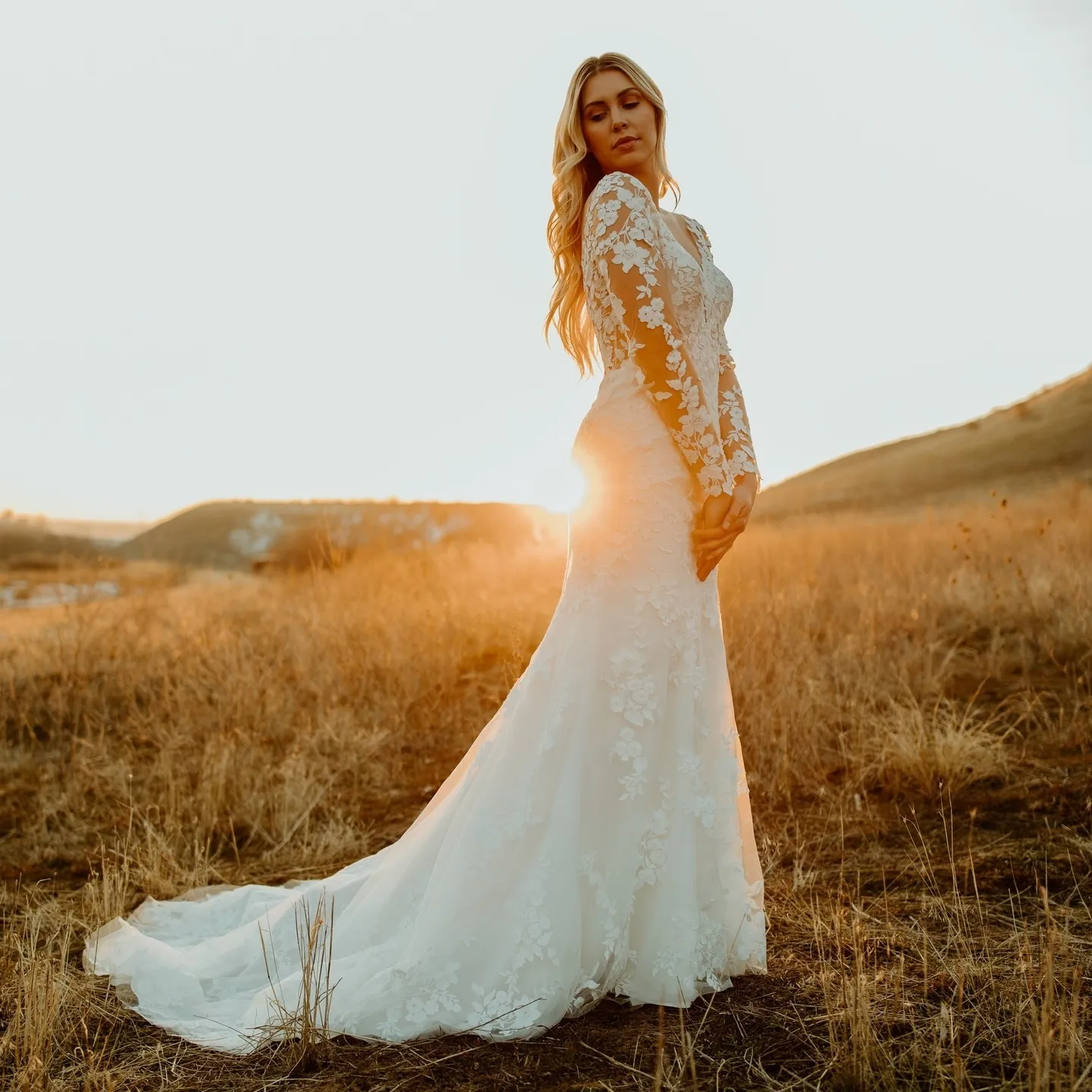 Stella Bridal Wedding dress 2023 - Sheer Illusion Long Sleeves Mermaid Style with Court Train, V-Neckline, Head-to-toe Graphic Lace Detailing, and