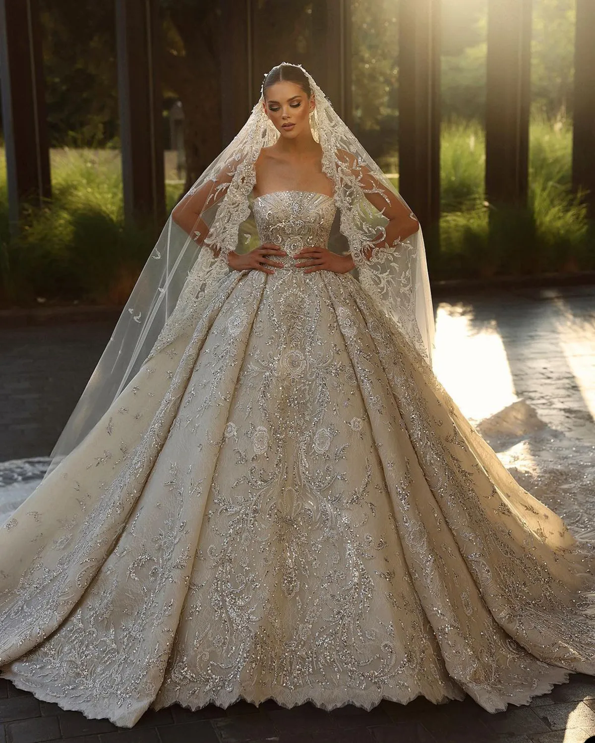 shiny satin wedding dress Shinny Organza Satin A Line Wedding Dresses With Puff Long Sleeves ZW7 TANYA BRIDAL