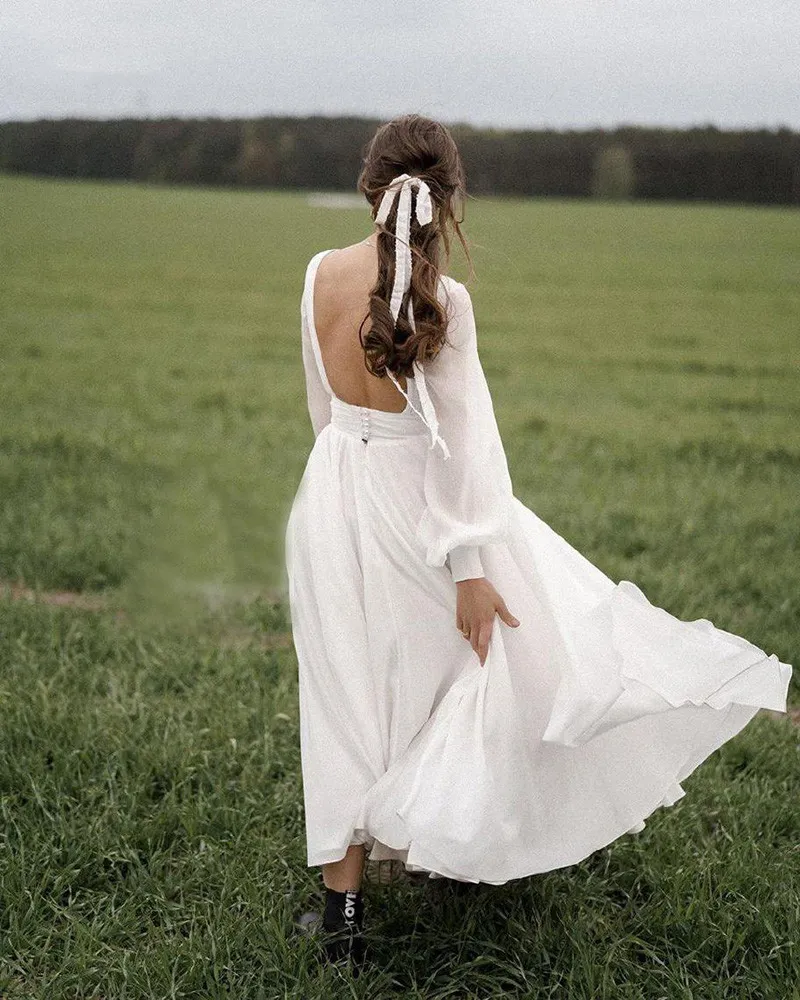 Vintage Chiffon Beach Wedding Chiffon Maxi Dress with Sleeves and Mid-Calf Sleeve - V-Neck Boho Bride Gown