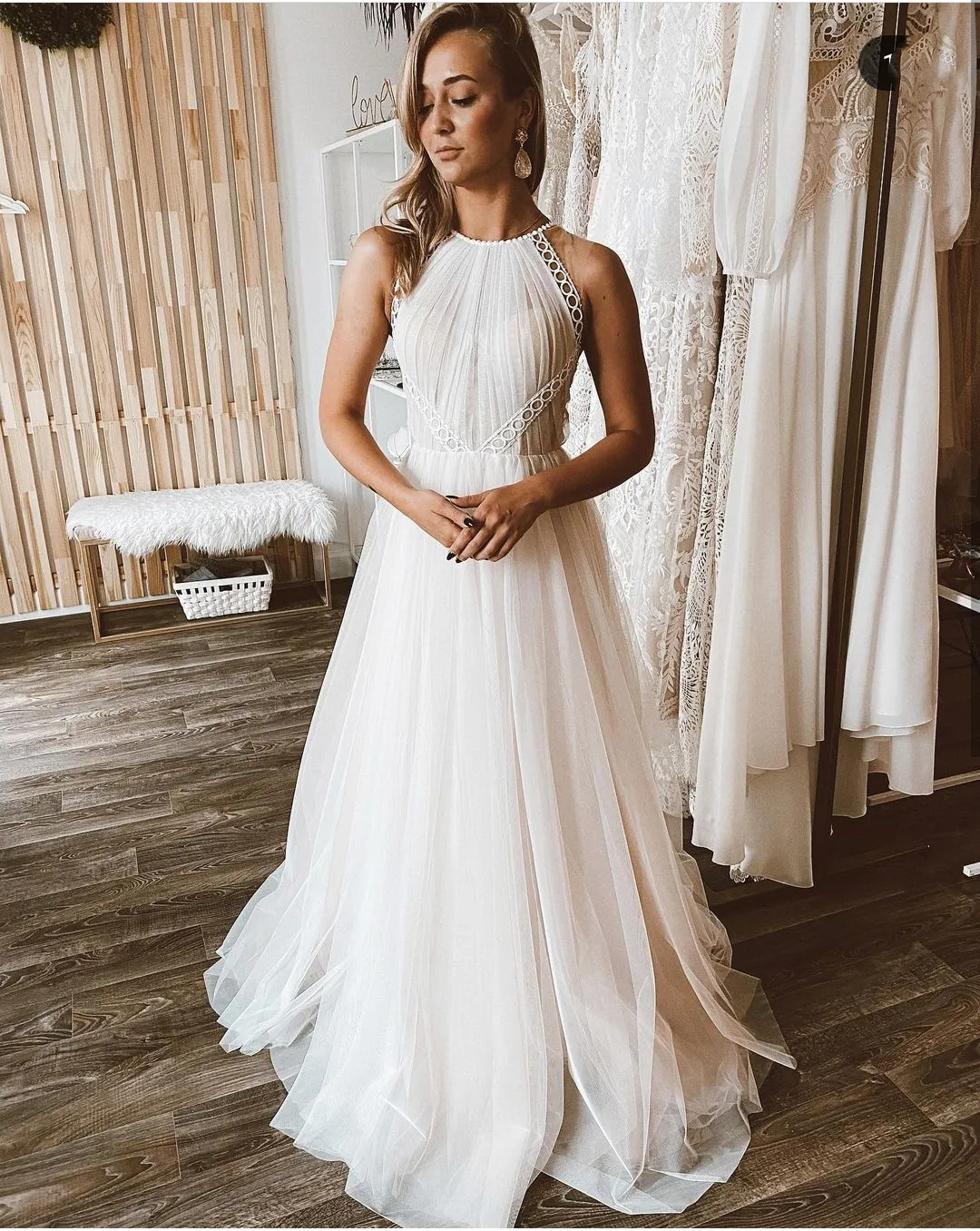 slim fit dress slacks Wedtrend Women Ivory Wedding Dress A-Line Halter Sweep Train Tulle Boho Bridal Dress with Lace, Ivory / US26W