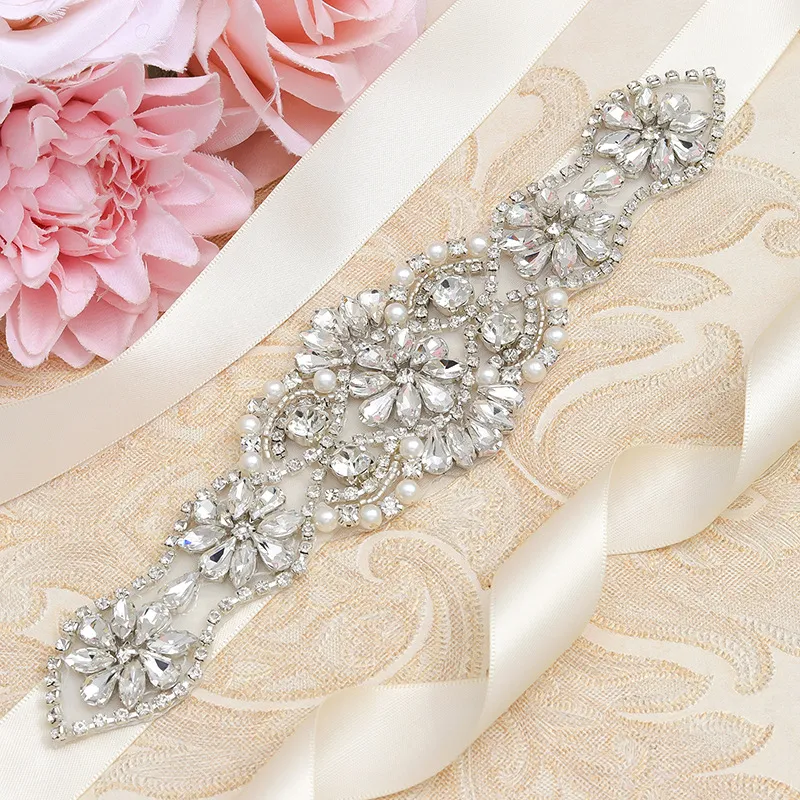 Silver Crystal Bridal Sash Belt with Rhinestones, Pearls, and Jewels for Wedding and long evening gloves
