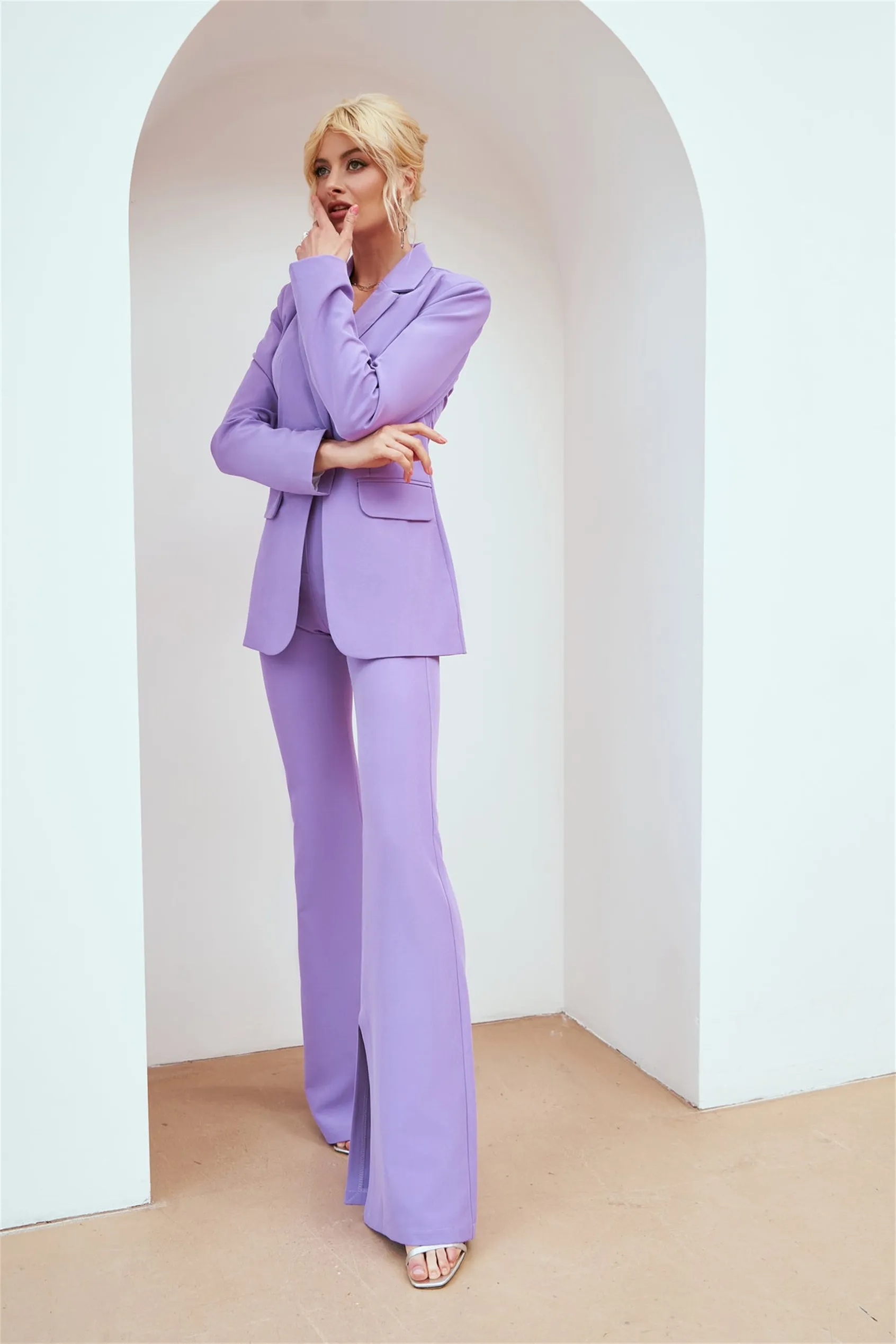 knee length dresses for ladies Lavender Three Piece Skirt Suit Set, M / Blouse
