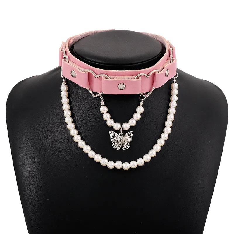 Pearl Choker Necklace - Pink Punk Harajuku Style, Gold