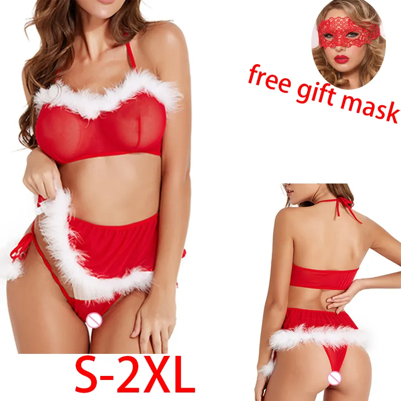 FREE MASK 4/3pack Cosplay Christmas Fuzzy Trim Bow Lingerie Set