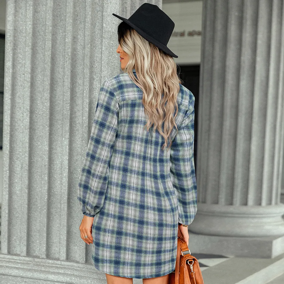 Plaid Casual Shirt Dress for Women with Long Sleeves, Tie Front, Button Down, and V-Neck