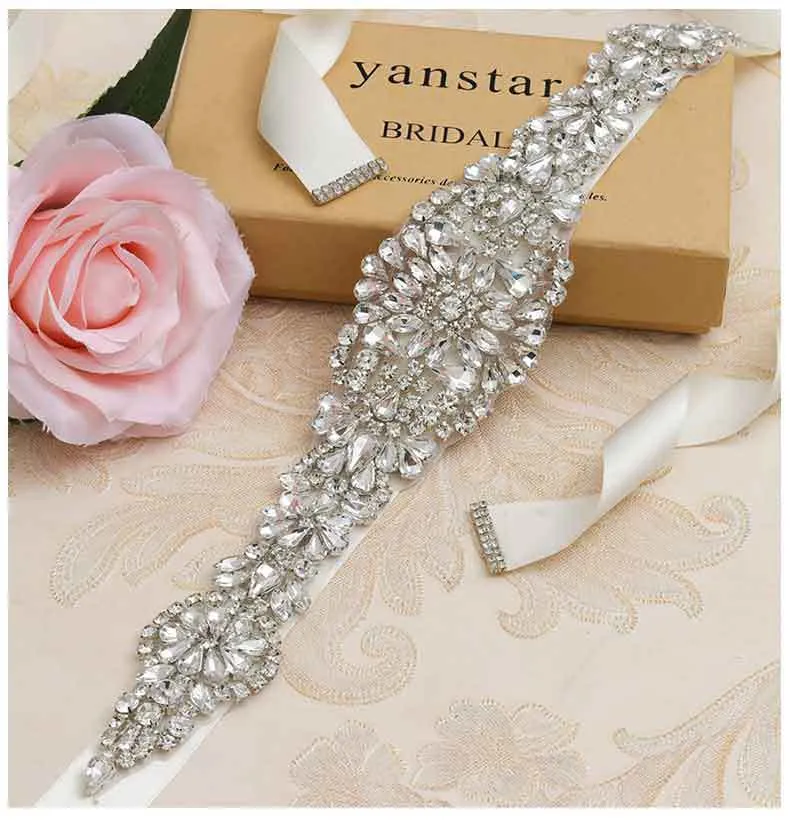 Handmade Rhinestone Crystal beaded bridal sash for Prom, Evening, and Princess Dresses - White, Red, Black, Blush
