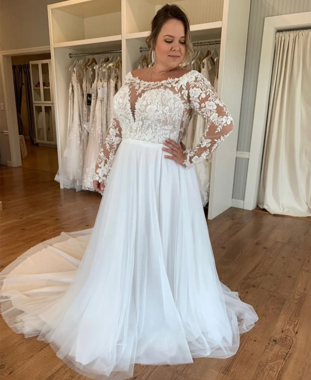 Vestido De Novia De Talla Grande Corte En A Manga Larga Hasta