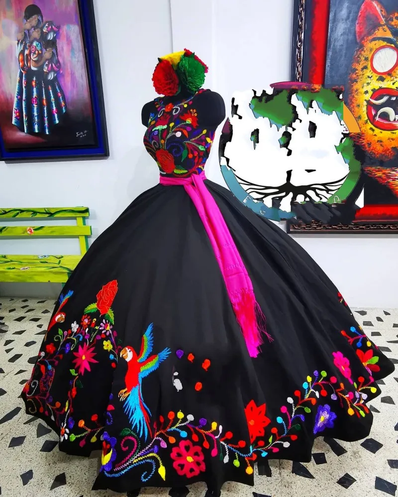 Black Charro Embroidery Quinceanera Dresses Prom Sweet 16 Mexican Girls Sleeveless Zipper vestidos de 15 anos