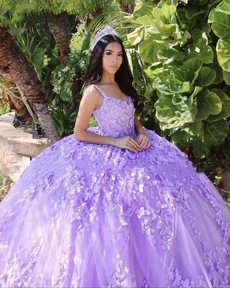 Light Purple Lilac Lavender Quinceanera Ball Gown Dress With Spaghetti Straps Full Lace Appliques 3D Floral Flowers Crystal Beads And Floor Length Perfect For Prom And Evening Events In 2023 From Haiy...