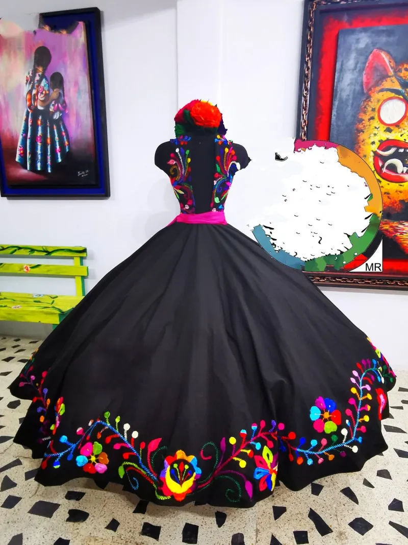 Black Charro Embroidery Quinceanera Dresses Prom Sweet 16 Mexican Girls Sleeveless Zipper vestidos de 15 anos
