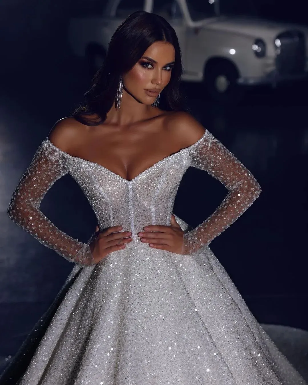festive dress to impress Sparkly Off The Shoulder Long Sleeve Ball Gown Wedding Dress – Forever &  Always main image 0