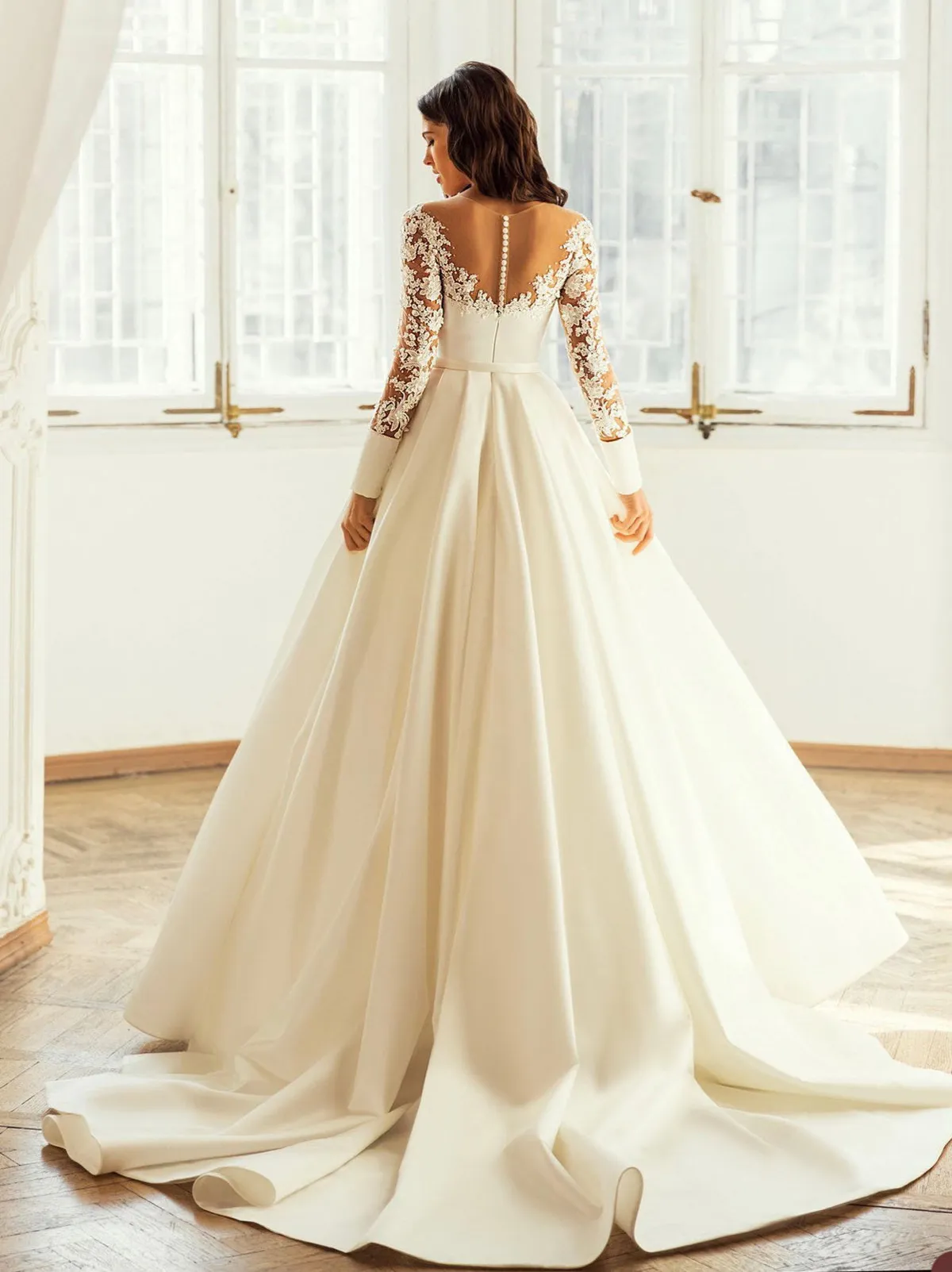 knee length dresses for ladies Beach Wedding Dresses A-Line Off Shoulder Long Sleeve Chapel Train Chi – BL  Dress main image 1