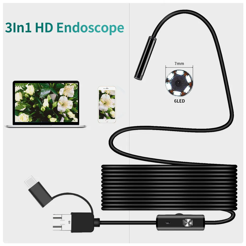Mini caméra endoscopique étanche, boroscope, fil souple réglable 5M