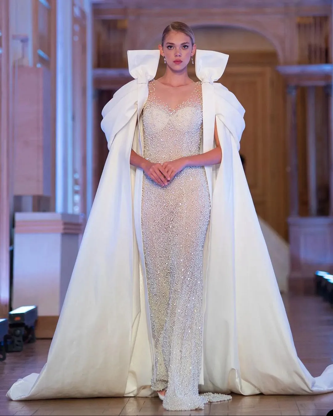 beaded cape wedding dress Davinci Bridal 50834 3D Lace A Line Wedding Dress Cape Sleeves Sheer Beaded Bridal Gown 4 / Ivory/Ivory main image 0