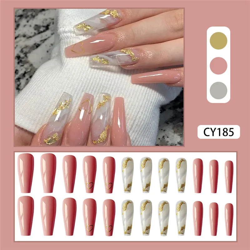 New High Quality 24PCS Super Long Press on Nails Cute Gold Gems Design Full  Coverage Nails Removable Save Time Artificial Nails - AliExpress