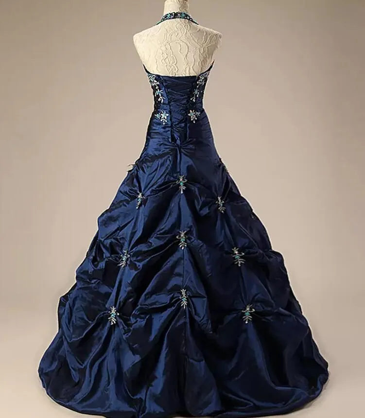 wedding dress with navy blue sash ZARIA / A Line Sparkling Navy Blue Wedding Dress with Deep Plunge Neck