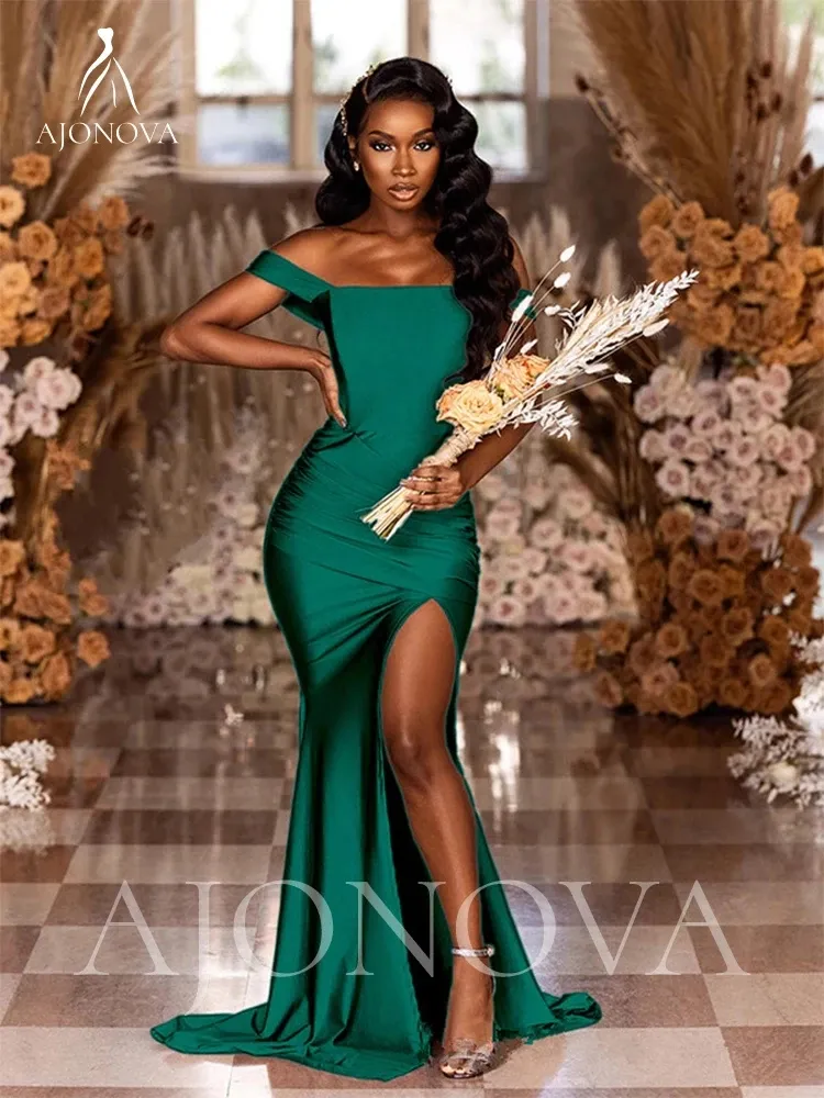 2023 Hunter Green Satin Party Dress for Wedding, Side Split Bridesmaid  Dresses, Off the Shoulder Robe, Elegant Gowns for Weddings and Evening  Parties