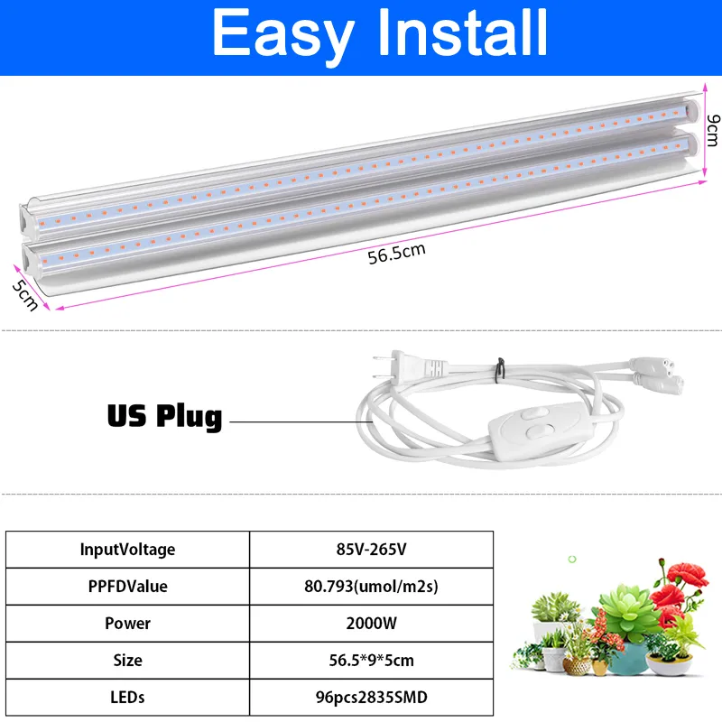 2 Foot T5 LED Grow Light Fixture, Full Spectrum Double Tube Strip Bar ...