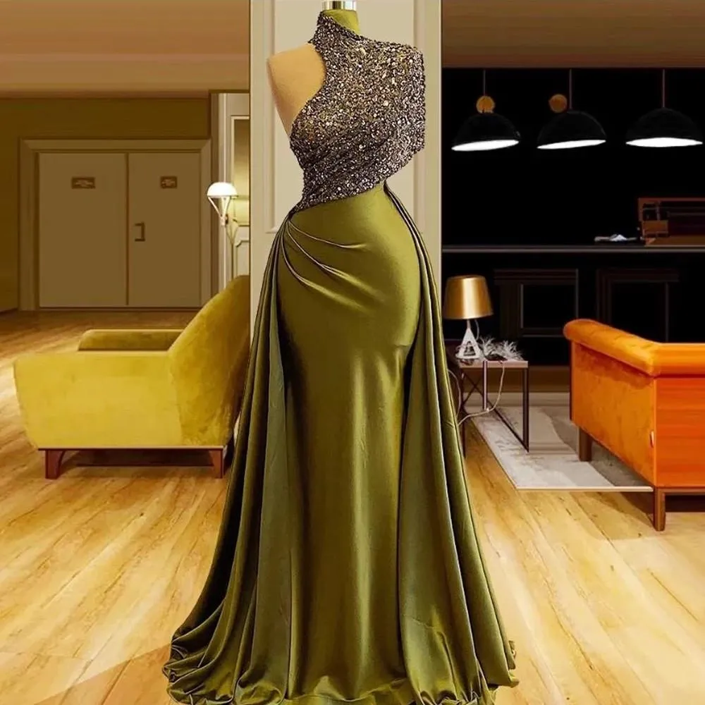 chinese dress ladies Olive Green Sequin Strapless High Split Long Prom Dress