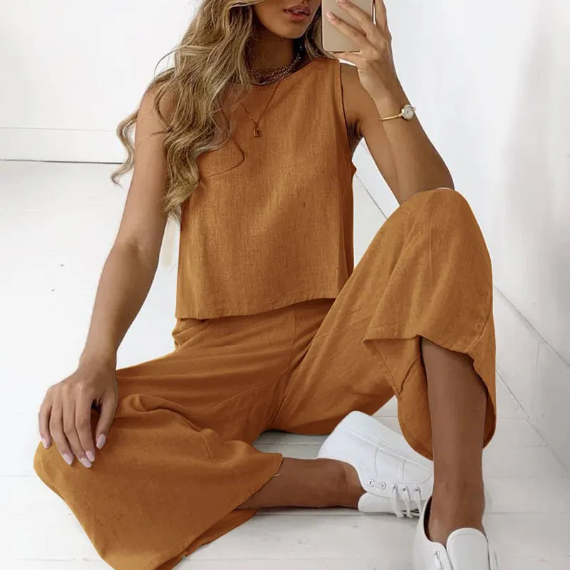 Comfortable Cotton Linen Two Piece Set For Women Sleeveless O Neck  Boyfriend Shirt For Women And Loose Pants Suit For Spring And Summer  Available In 3XL Style #221007 From Cong00, $18.12