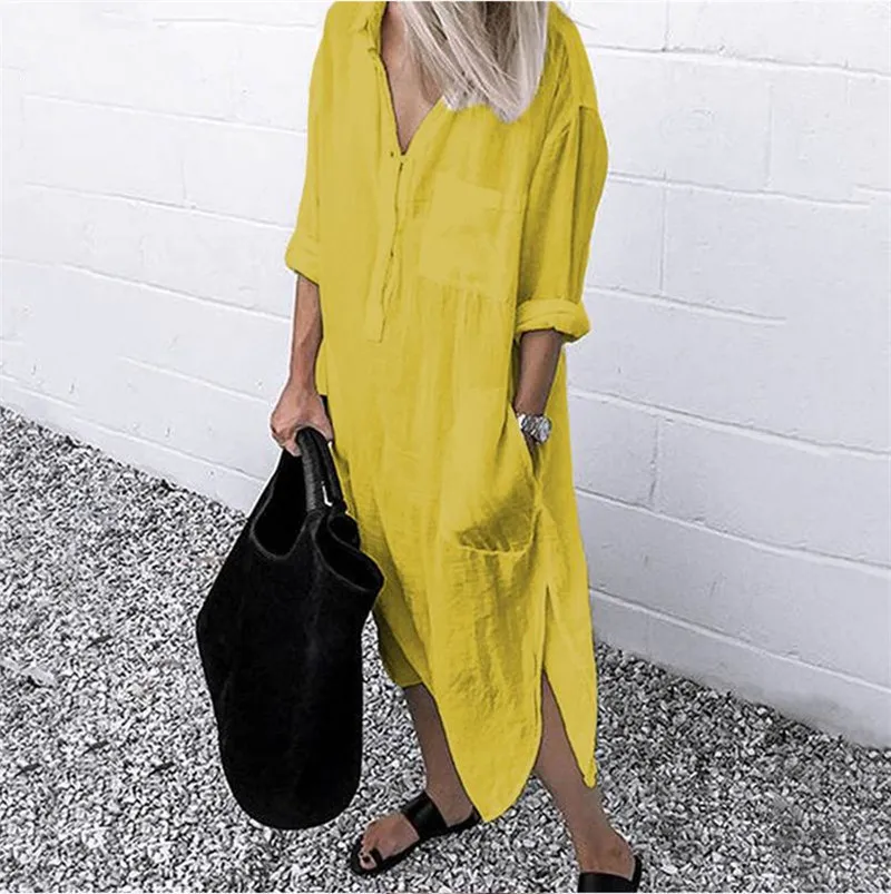 Elegant Women's Casual linen maxi shirt dress with Lapel Button and Side Split for Spring/Summer Work and Office - Vestidos Tunic Robe 221007 Elegant Women's Casual linen maxi shirt dress with Lapel Button and Side Split for Spring/Summer Work and Office - Vestidos Tunic Robe 221007