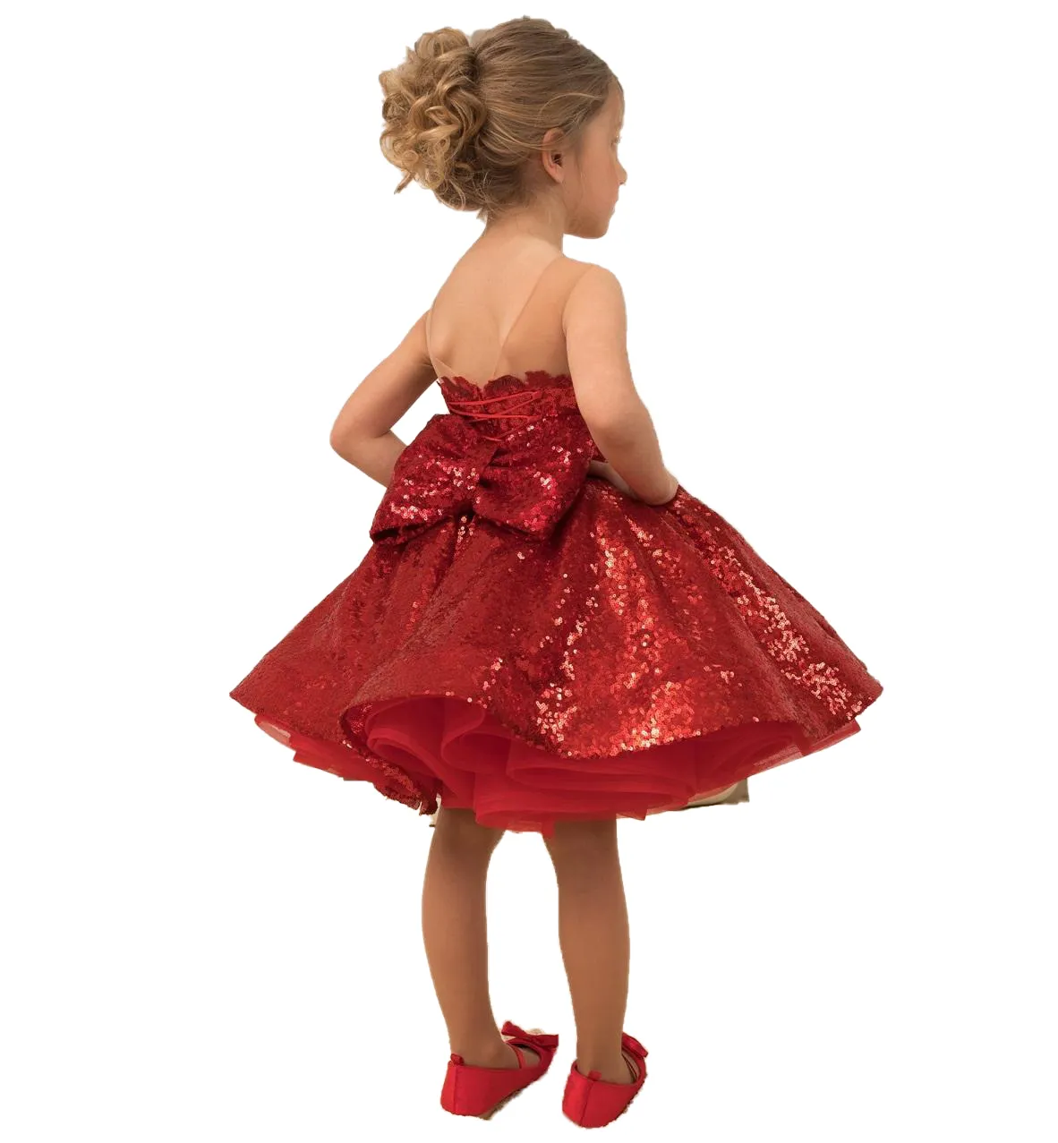 Sparkle Sequins Little Girls Pageant Dresses 2023 Removable Tulle Train Ballgown Hi Lo Kids Christmas Birthday Cocktail Party Gowns with Bow Custom Made High Low Red