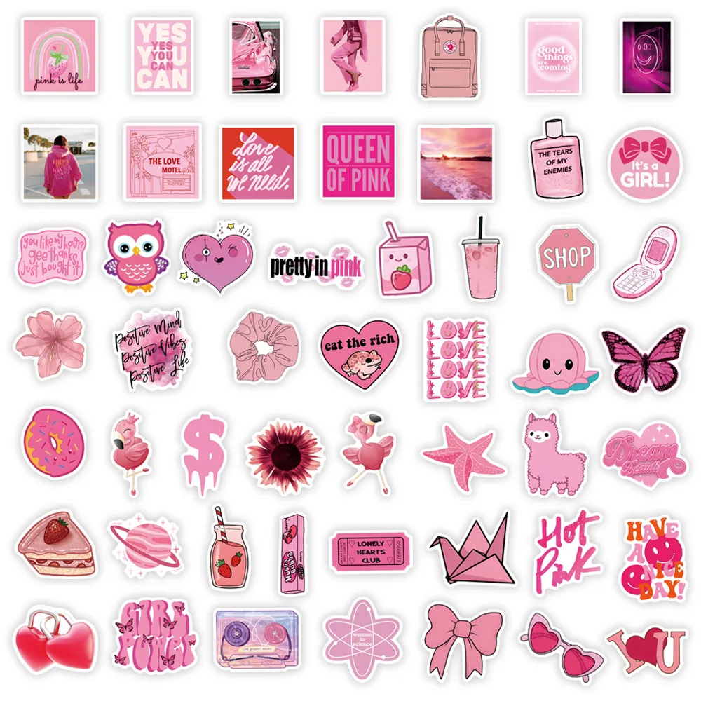 50pcs Cartoon Aesthetic Pink Stickers Notebook Laptop Phone Case  Scrapbooking Luggage Fridge Vinyl Sticker for Kids