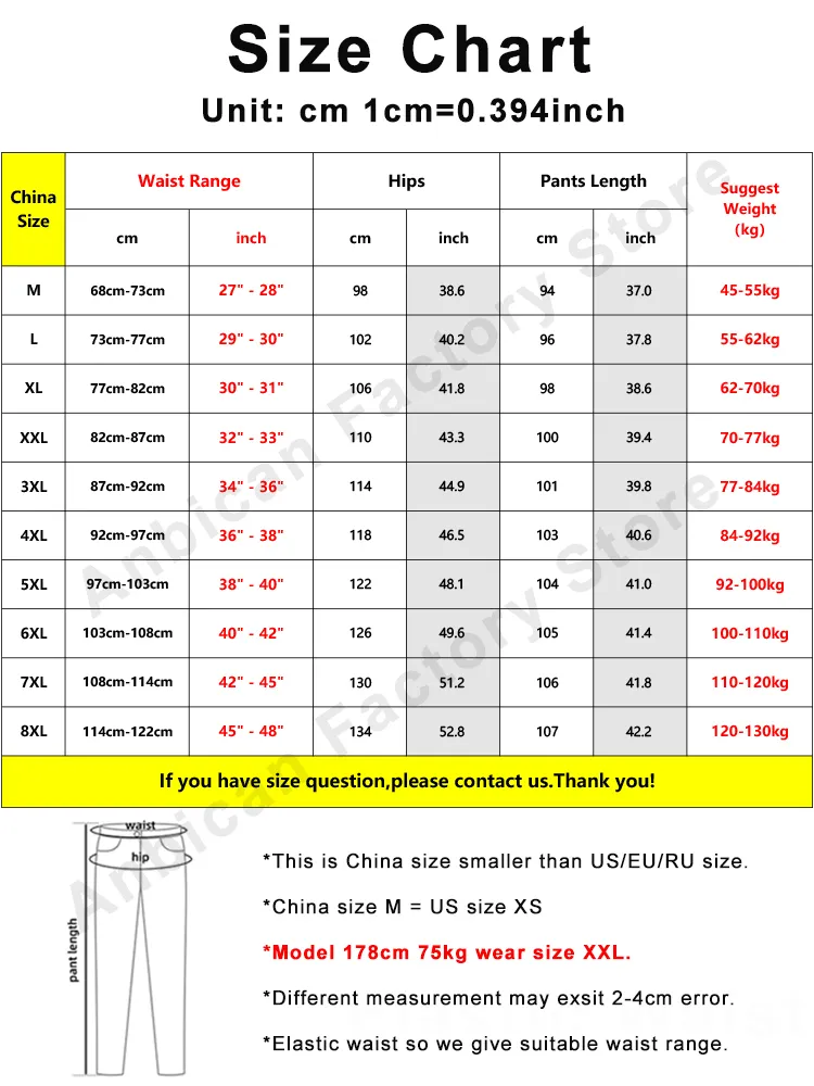 chart for 40 inch waist pant size