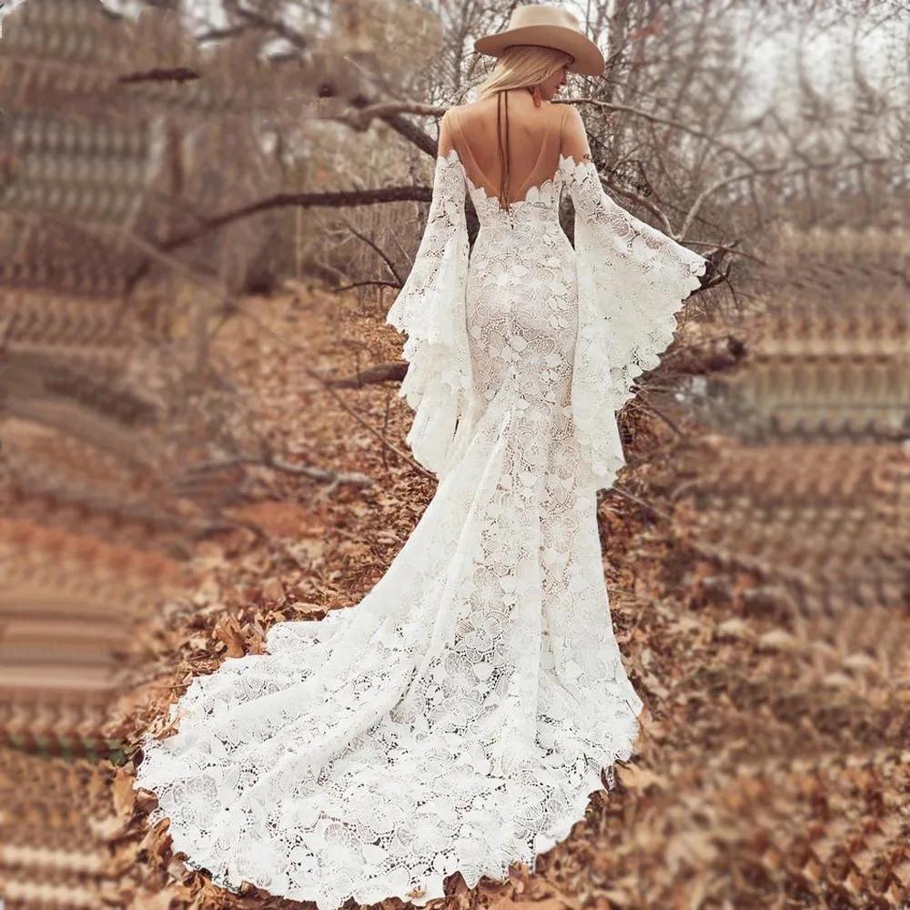 Boho Sheer O Neck Boho Lace Wedding Dress 2022 With Long Sleeves, Vintage  Crochet Bold Cotton Lace, And Hippie Country Bride Gown Style From  Verycute, $61.08