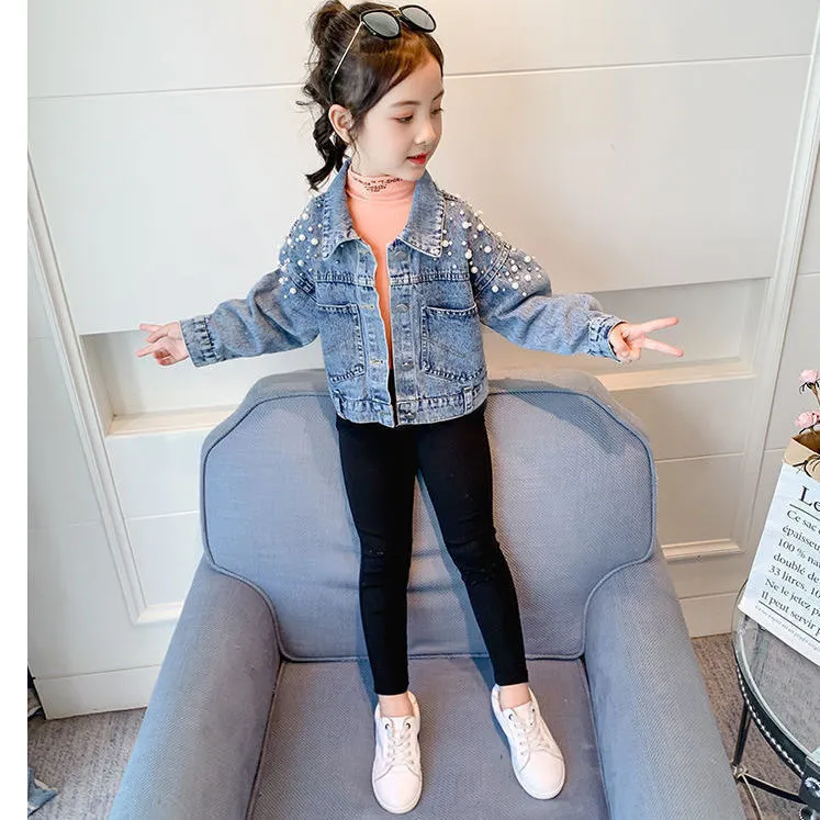 Spring Pearl Embellished Teenage Girls Denim Kids Jackets