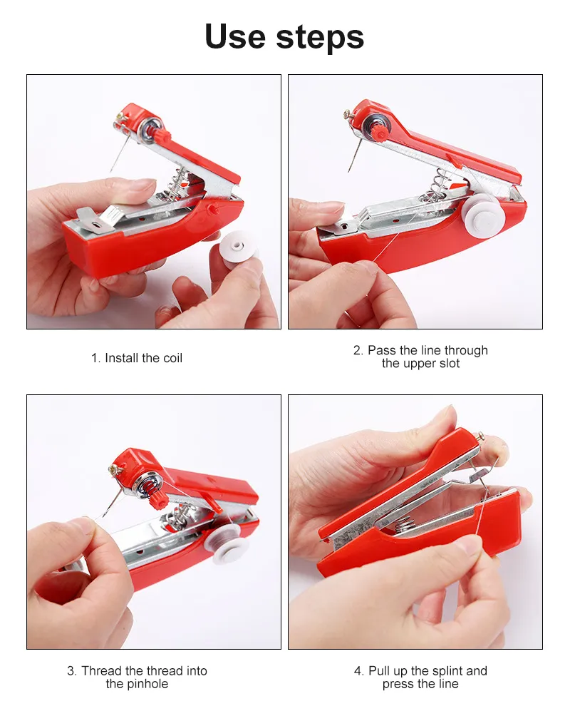 Red Mini Sewing Machines Needlework Cordless Hand-Held Clothes