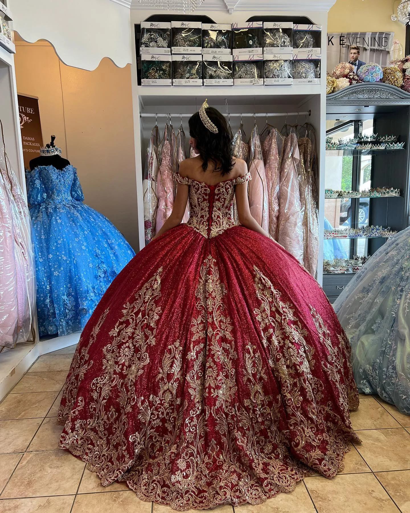 Off Shoulder Sleeveless Gold Appliques Dark Green Sweet 15 Quinceañera Dress WQ1732
