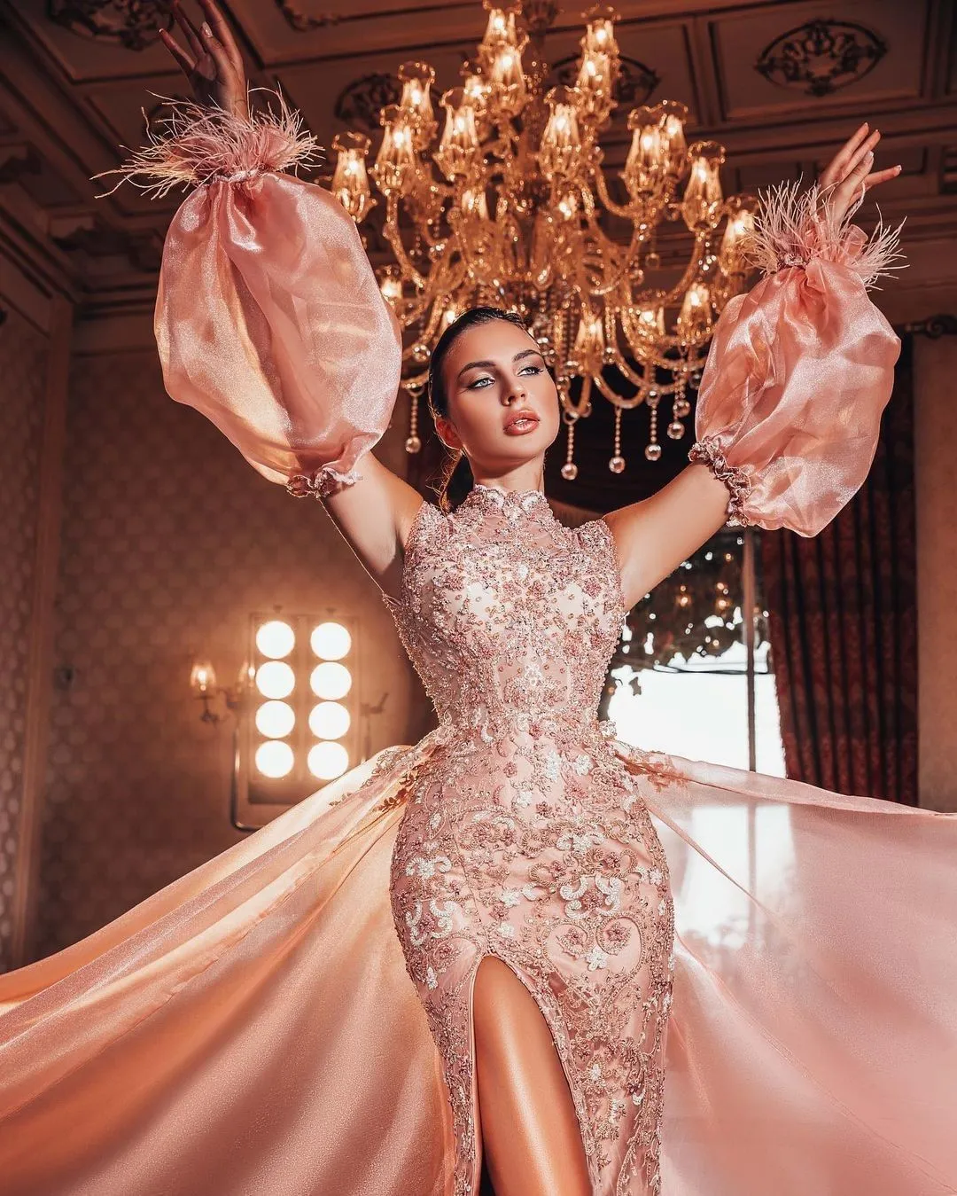blush formal dress with sleeves Berylove Women A Line Blush Prom Dress with Short Sleeves V Neck Sequined  Appliqued Tulle Maxi Formal Dress with Lace-up Back