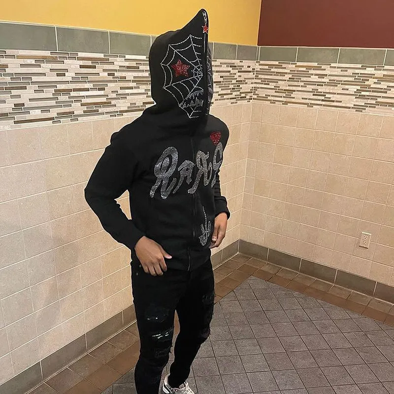 Y2K Men's Gothic Rhinestone zip up hoodie - Full Zip Up