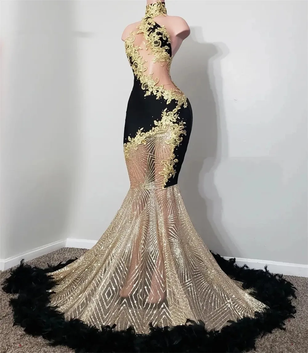 golden long sleeve dress Handcrafted Fringe Sequin Halter Gown Black GOLD / 5XL main image 0