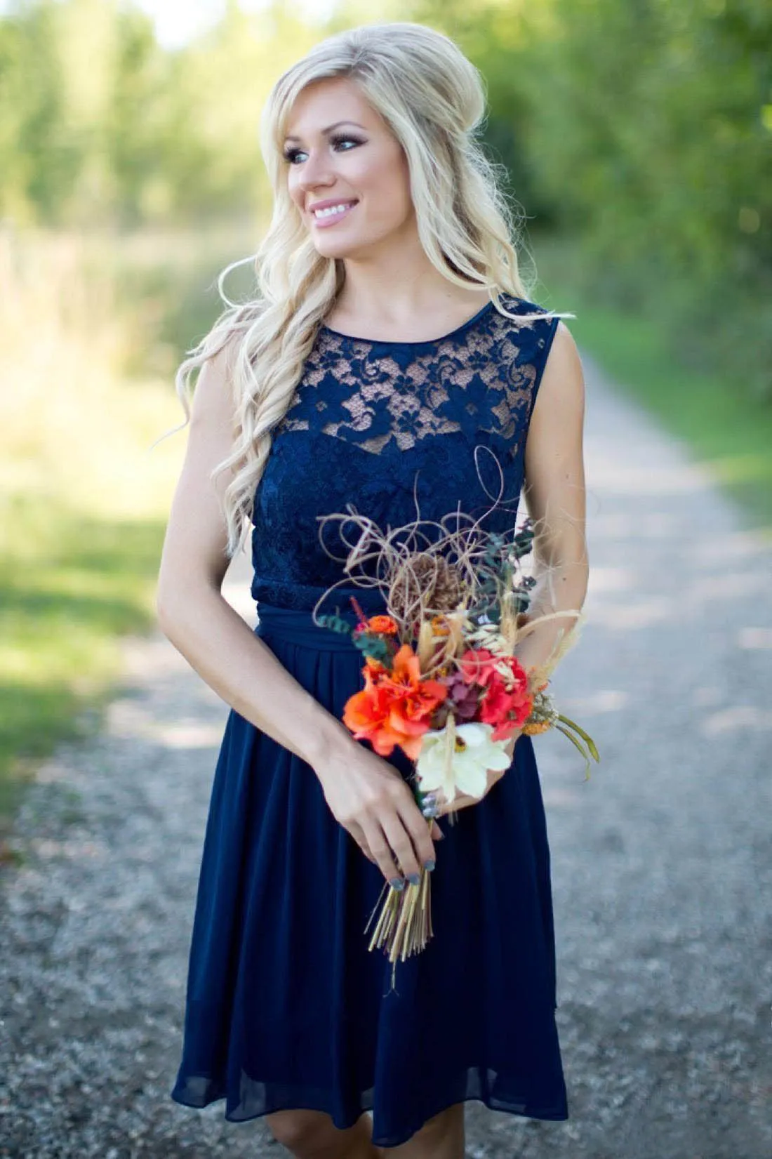 Navy Blue Chiffon Lace Navy junior bridesmaid dresses with Illusion Neckline, Sashes, and Knee-Length Hemline - Affordable Country Wedding Party Gown