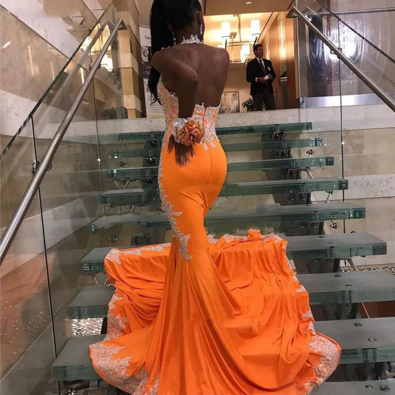 Orange Halter Mermaid Prom Dress with Lace Appliques and Crystal Beads  Backless Sweep Train Evening Gown from Dhgate Prom Dresses - price 145.69