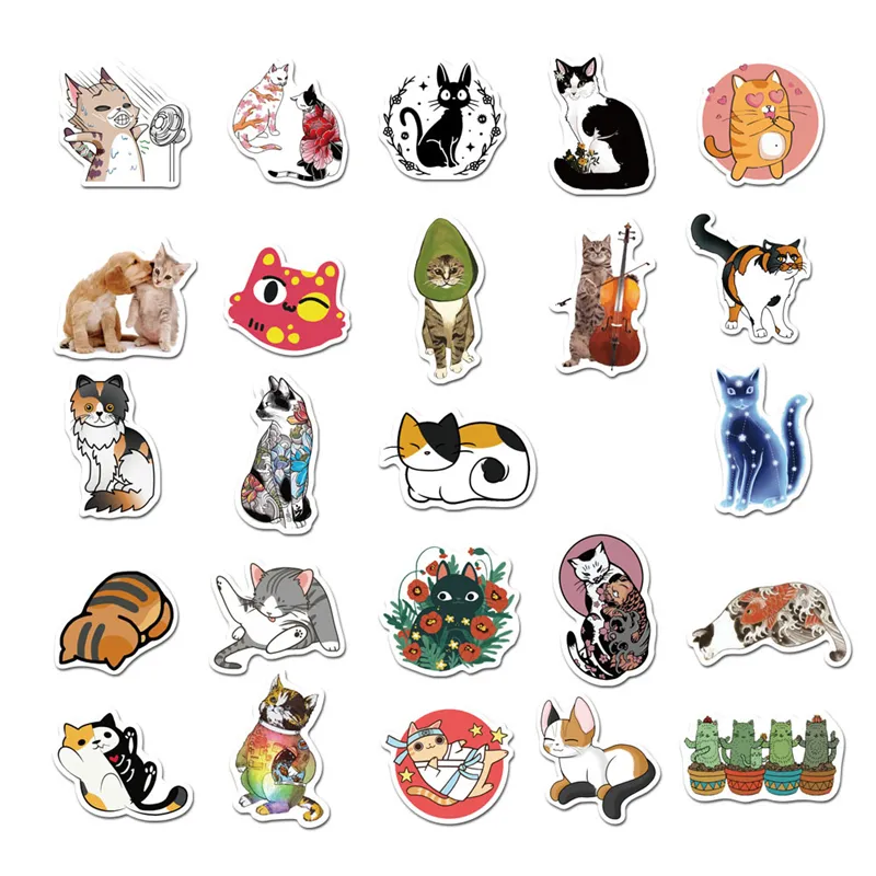 50 Cute Cat Animal Vinyl Animal Stickers For Kids And Teens Waterproof ...