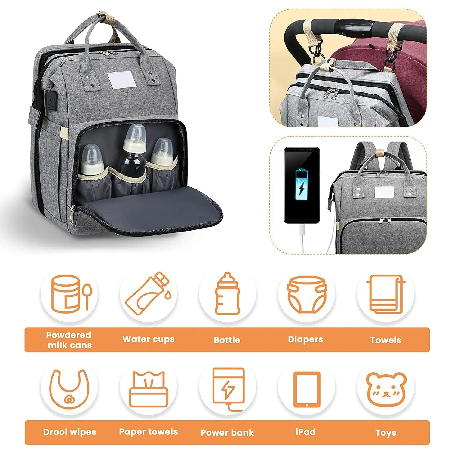 Sac à Dos à Langer Bébé - Grande Capacité 20L - Matelas à Langer Pliable 70x30 Cm - Étui Isotherme Et Port USB - 2