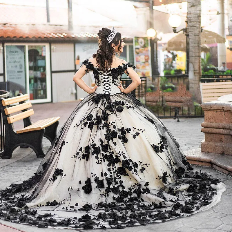 2023 Luxurious Black And Ivory Quinceanera Dresses 3D Lace Flowers Pearls Off The Shoulder Sweet 16 Dresses Long Train Party Prom Evening Ball Gowns 2023 Luxurious Black And Ivory Quinceanera Dresses 3D Lace Flowers Pearls Off The Shoulder Sweet 16 Dresses Long Train Party Prom Evening Ball Gowns