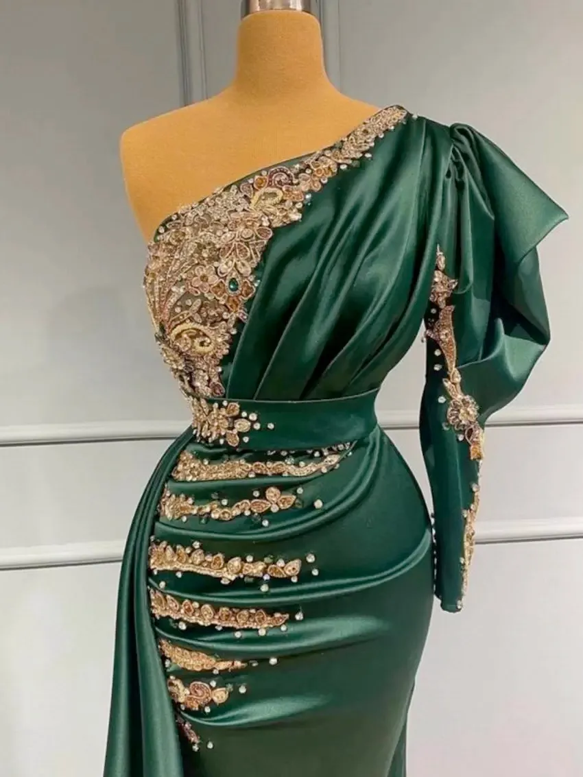 Long Mermaid Dark Green Evening Dresses with Gold Lace appliques