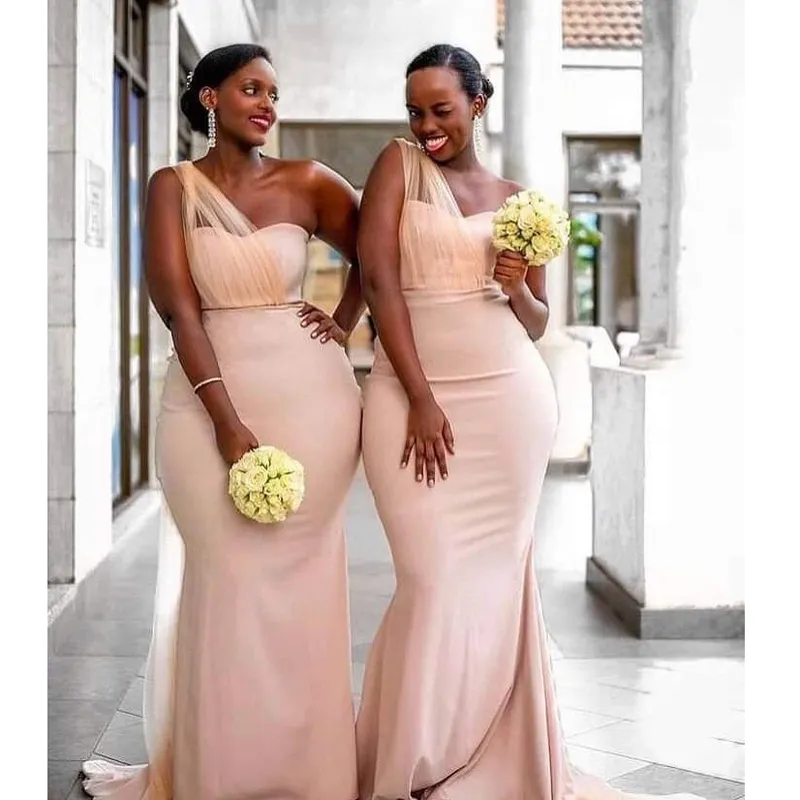 Customizable Plus Size Mermaid blush satin bridesmaid dresses with One Shoulder for Women's Wedding Guest Party - Style Vestidos