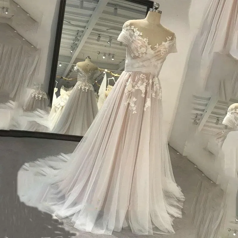 sachin and babi light blue dress A-Line Champagne Wedding Dress with Lace Appliques, Sheer Bateau Neckline,  Short Capped Sleeves, Sweep Train, Backless Bridal Gown from Dhgate A-Line Wedding  Dresses