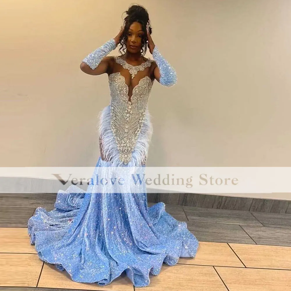 Light Blue Mermaid Prom Dress 2024 Sequins Sparkly Feather Beading Backless Party Wear Vestidos De Gala