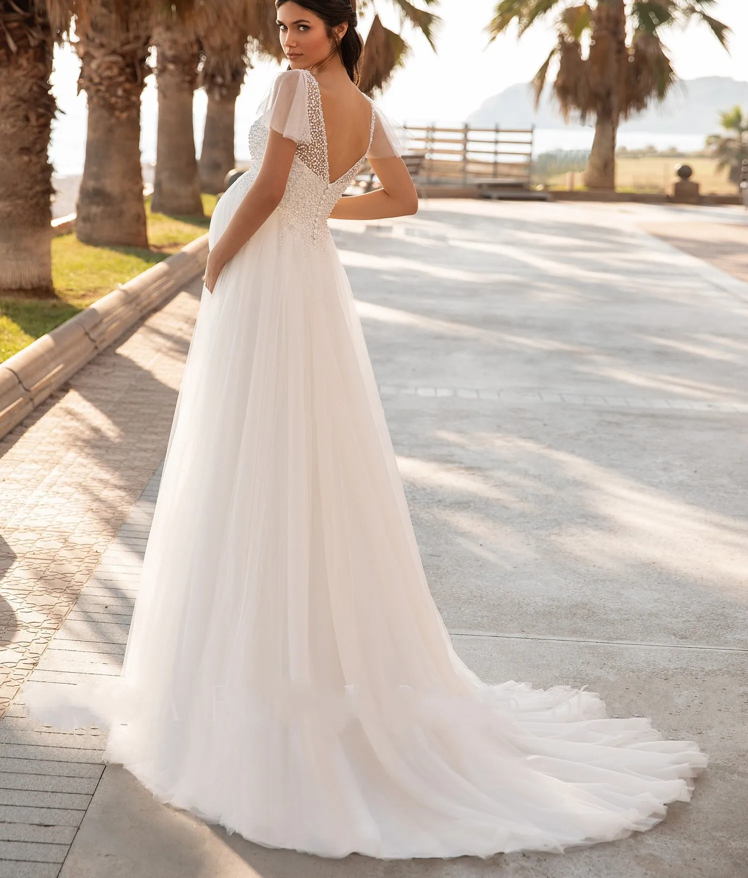 pregnant wedding dress short Maternity Wedding Dress with Short Lace Sleeves, V Neck Boho A-Line Bridal Gown